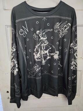 Western Rodeo Graphic Long Sleeve Pullover - Deep Green & White